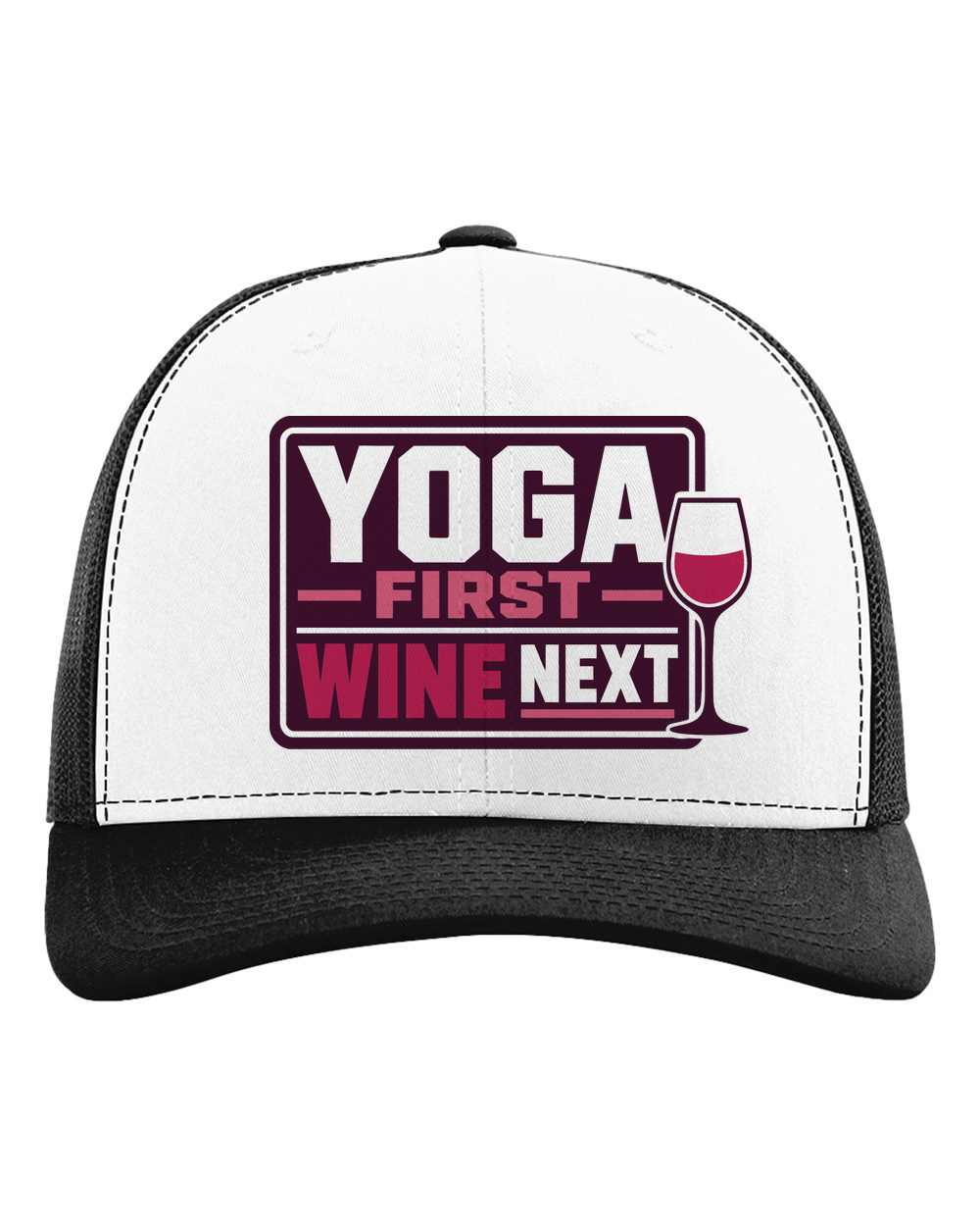 Yoga First, Wine Next Trucker Hat