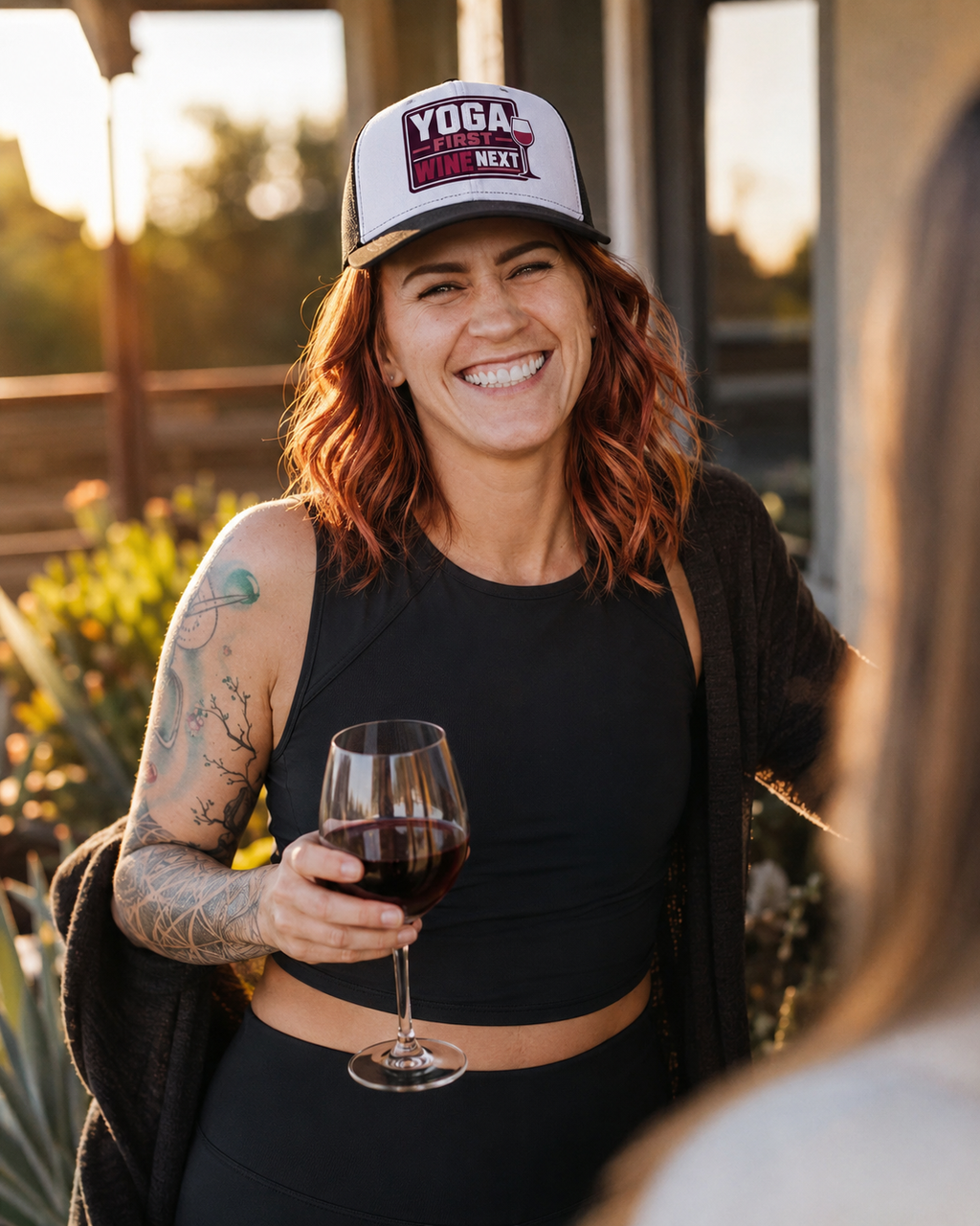 Yoga First, Wine Next Trucker Hat